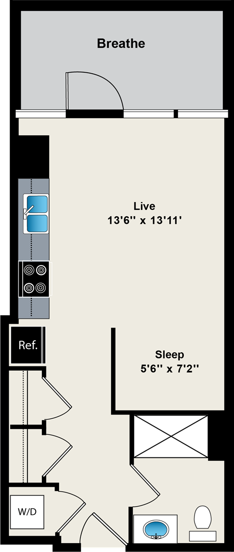 A floor plan of a small apartment with a sleeping area, a living area, and a bathroom.